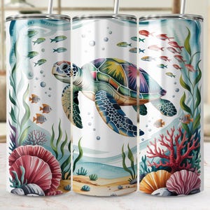 Sea Turtle Tumbler Wrap PNG 20 oz Skinny Ocean Sublimation Design, Colorful Underwater Marine Life Digital Download