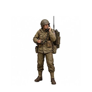 May include: A detailed figurine of a soldier in a World War II uniform, holding a telephone receiver. The figure wears a helmet, jacket, trousers, and boots in shades of brown and tan. A radio pack is on their back.