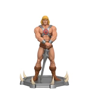 May include: A figurine of He-Man, a muscular character with blond hair, wearing a harness, wrist cuffs, and brown boots. He holds a silver sword and stands on a gray platform with white spikes.