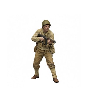May include: A detailed figurine of a soldier in a World War II uniform, holding a rifle. The figure wears a khaki shirt and pants, a helmet, and brown boots. The soldier is posed in a defensive stance, with a serious expression.