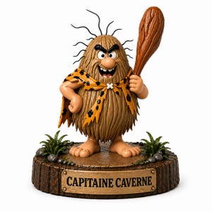 May include: A cartoon caveman figurine with brown shaggy hair and a matching beard, holding a wooden club. He wears a tan and black spotted scarf and stands on a wooden base with the text "CAPITAINE CAVERNE".