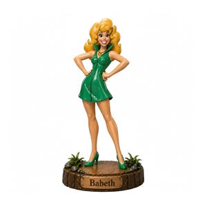 Peut inclure: Figurine d'une femme blonde, vêtue d'une robe et de talons verts, les mains sur les hanches. La figurine est sur une base marron avec le nom "Babeth" sur une plaque.
