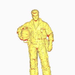 May include: A yellow figurine of a pilot in a flight suit, holding a helmet. The figure is standing on a round base. The pilot's uniform includes a flight suit, boots, and gloves.