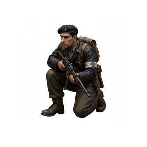 May include: A detailed figurine of a soldier kneeling, holding a rifle. The figure wears a black beret, leather jacket, and brown pants. A medical cross patch is visible on the arm. A backpack is on the back. The figure is in a combat pose.