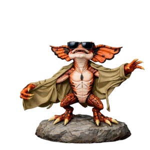 Peut inclure: Figurine détaillée d'un Gremlin portant des lunettes de soleil et un manteau beige, posé sur un socle rocheux. Le Gremlin a la peau orange et marron, avec des griffes acérées et de grandes oreilles. Objet de collection.