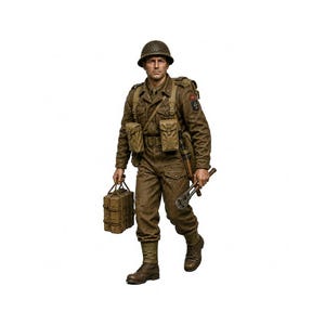 May include: A detailed scale figurine of a soldier wearing a brown uniform, a helmet, and a backpack. The figure carries a rectangular crate in one hand and a metal wrench in the other, featuring realistic textures, fabric folds, and military gear.