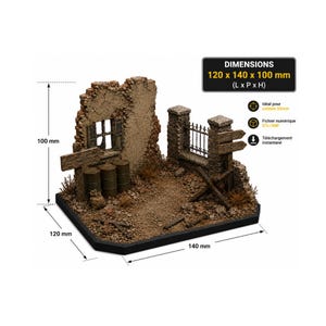 Peut inclure: Un diorama miniature représentant un coin de bâtiment en ruine avec un mur en briques, une fenêtre, une clôture en métal et trois barils. La base mesure 120 mm sur 140 mm et la hauteur est de 100 mm. La scène inclut des débris et des panneaux.