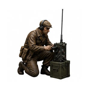 May include: A detailed figurine of a person in a brown leather jacket and cap, kneeling beside a vintage radio set. The radio is black with numerous dials and a tall antenna. The figure wears headphones and has a satchel.