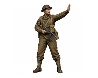 May include: A detailed military action figure dressed in a brown uniform, wearing a textured helmet, and holding a submachine gun. The figure has one arm raised with an open palm, and is equipped with a shoulder strap, pouches, and brown boots.
