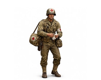 May include: A detailed figurine of a World War II medic in a khaki uniform, helmet with a red cross, and a medical bag. The medic is holding a white cloth, with a red cross on his arm. The figure is standing on a white background.
