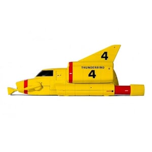 Op de afbeelding: Een gele speelgoedonderzeeër met rode accenten en het nummer "4" op de staartvin. De tekst "THUNDERBIRD" is op de zijkant gedrukt. De onderzeeër heeft een gestroomlijnd ontwerp met een propeller aan de achterkant en een cockpit.
