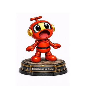 May include: A red robot figurine with a surprised expression, large eyes, and a yellow faceplate. The robot has a black belt and is standing on a round, textured base with the text "Chibi Nono Le Robot".
