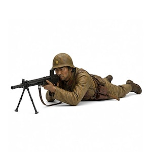May include: A detailed figurine of a soldier in a prone firing position, holding a machine gun. The soldier wears a khaki uniform, a helmet with a star, and brown boots. The figure is set against a white background.