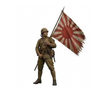 May include: A detailed figurine of a Japanese soldier in a World War II uniform, holding a tattered flag with a red sunburst design. The soldier wears a helmet and carries a rifle. The figure is in a standing pose.