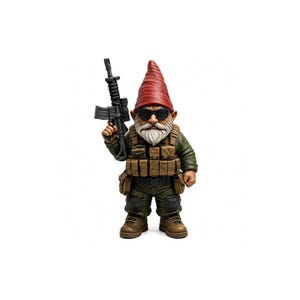 Peut inclure: Une figurine de nain de jardin portant un chapeau pointu rouge, des lunettes de soleil noires et un uniforme tactique vert avec un gilet beige, des poches utilitaires et des bottes marron. Le nain tient un fusil jouet noir dans sa main droite.
