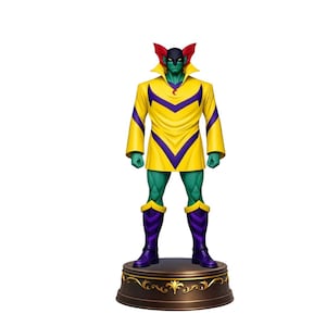 Peut inclure: Figurine détaillée d'un super-héros à la peau verte, vêtu d'une tunique jaune avec des accents violets et des bottes assorties. La figurine a un couvre-chef rouge et noir et se tient sur une base décorative.