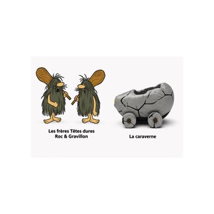 Peut inclure: Deux personnages préhistoriques dessinés avec de longs cheveux sombres, tenant chacun une massue en bois, étiquetés Les frères Têtes dures Roc & Gravillon. À côté, un véhicule gris à l'aspect de pierre craquelée, étiqueté La caraverne.