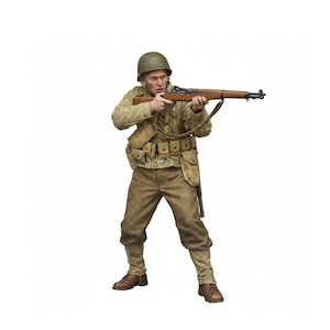 May include: A detailed figurine of a soldier in a World War II uniform, holding a rifle. The figure is dressed in a tan uniform, helmet, and boots. The soldier is in a shooting stance, with the rifle pointed forward. The background is plain white.