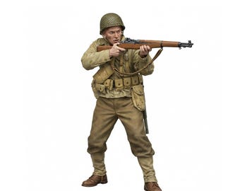 May include: A detailed figurine of a soldier in a World War II uniform, holding a rifle. The figure is dressed in a tan uniform, helmet, and boots. The soldier is in a shooting stance, with the rifle pointed forward. The background is plain white.