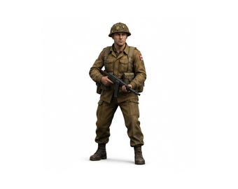 May include: A detailed action figure of a soldier wearing a tan uniform, a matching helmet, and brown boots. The figure holds a black submachine gun and features a small Canadian flag patch on the shoulder of the jacket, standing in a neutral pose.
