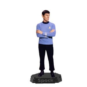 May include: A figurine of Spock from Star Trek, in a blue uniform with the Starfleet insignia. The figure has pointed ears and is standing on a base that reads "Spock". The figure is wearing black pants and boots.