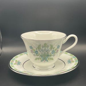 May include: White teacup and saucer set with a floral design in blue, green, and pink. The cup and saucer have a silver trim. The teacup is on a matching saucer, creating a classic and elegant look.