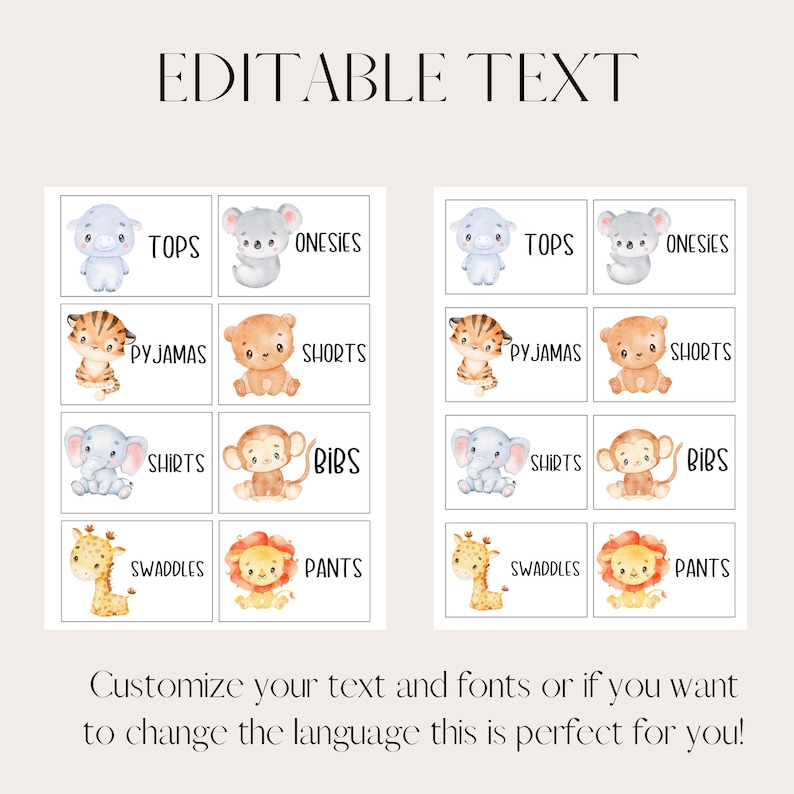 Safari Drawer Labels, Printable Baby Labels Canva Template, Closet ...