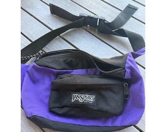 Vintage large JanSport hiking fanny pack in purple and black, Made in USA