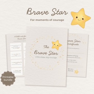 Op de afbeelding: Een afdrukbare bundel met het thema "Brave Star". Het ontwerp bevat een lachende gele ster, met de tekst "Brave Star" en "Voor momenten van moed". De bundel bevat een notitie en een certificaat.