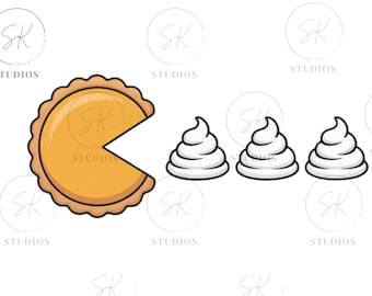 May include: A cartoon illustration featuring a pie with a missing slice, resembling Pac-Man, chasing three white whipped cream dollops. The pie is golden brown with a darker crust, set against a white background.