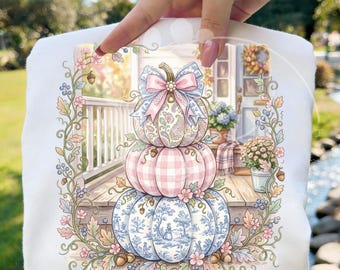 May include: A white t-shirt featuring a graphic of three stacked pumpkins. The top pumpkin has a paisley pattern and a pink bow, the middle has a pink gingham check, and the bottom has a blue and white toile landscape print, all framed by floral vines.