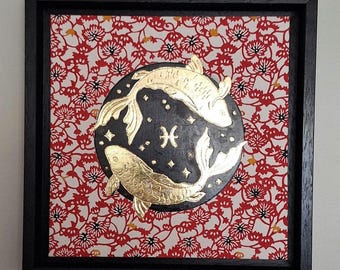 Vissen sterrenbeeld kunst, 22k bladgoud verguld op hout, Japans papier