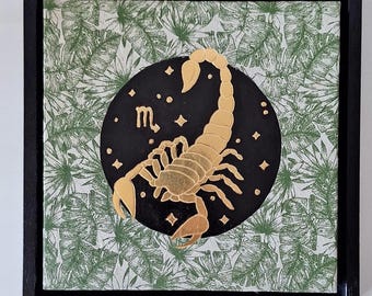 Schorpioen sterrenbeeld kunst, 22k bladgoud vergulding op hout, Japans papier/Signe du Zodiaque Scorpion 24 x 24 cm-Bois doré à la feuille d'or 22 kt