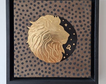 Leo sterrenbeeld kunst, 22k bladgoud verguld op hout, Japans papier/Signe du Zodiaque leeuw 24 x 24 cm-Bois doré à la feuille d'or 22 kt
