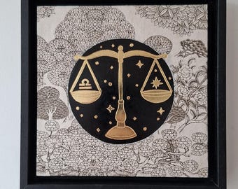 Weegschaal sterrenbeeldkunst, 22 kt bladgoud verguld op hout, Japans papier/Signe du Zodiaque Balance 24 x 24 cm-Bois doré à la feuille d'or 22 kt