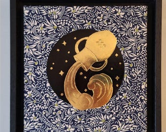 Kunst sterrenbeeld Waterman, 22 kt bladgoud verguld met hout, Japans papier/Signe du Zodiaque Verseau 24 x 24 cm-Bois doré à la feuille d'or 22 kt