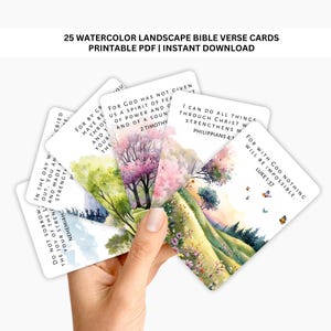 25 Cartões de versículos bíblicos de fé e força | Cartões de escrituras imprimíveis | Versículos bíblicos de paisagens em aquarela | Impressões de encorajamento cristão
