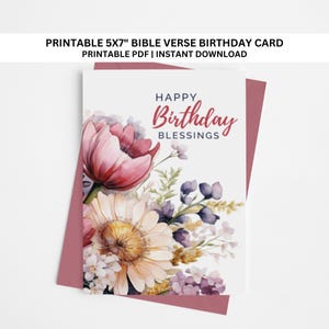 Carte d'anniversaire imprimable 5 x 7 po., verset de la Bible, téléchargement numérique, motif floral aquarelle violet rose, carte de voeux confessionnelle PDF