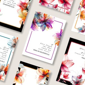 Cartões de versículos bíblicos para impressão, citações inspiradoras de arte das escrituras, mini cartões cristãos florais em aquarela para encorajamento e fé em PDF