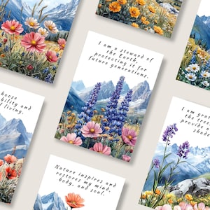 Schede di affermazione positiva stampabili per gli amanti della natura, affermazioni quotidiane con acquerelli paesaggistici per la crescita personale e la pace