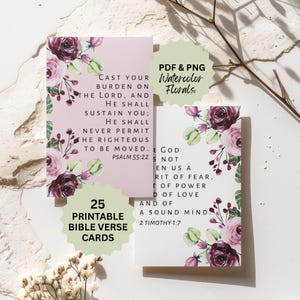 25 Cartões com Versículos Bíblicos – Cartões com Escrituras para Imprimir com Botânicos Florais em Aquarela | Download Instantâneo | Encorajamento, Fé e Força