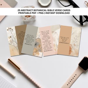 25 Bijbelverskaarten. Bloemenkaarten met teksten, minikaarten christelijke aanmoediging met aquarel neutrale tinten | Moderne abstracte botanische producten