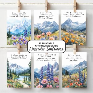 Watercolor Landscape Affirmation Cards: Nature-Themed Printable (PDF) with Mountain Views, Self Growth Mindset