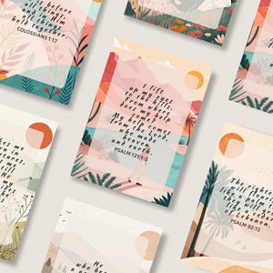 Cartões de incentivo das escrituras para impressão Nature Design, cartões de versículos bíblicos aquarela Boho Landscape, pacote de mini cartões de diário bíblico PDF PNG