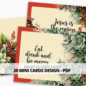 May include: Set of 20 printable Christmas cards featuring a festive design with succulents, berries, and pine needles. The cards have a red border and include the text "Jesus is the reason" and "Eat drink and be merry".