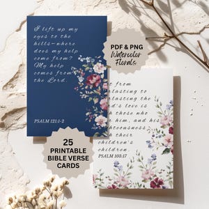 25 cartões com versículos bíblicos para mães com aquarela de flores de jardim azul-vinho – Cartões com versículos bíblicos para impressão, dia das mães e presentes de fé