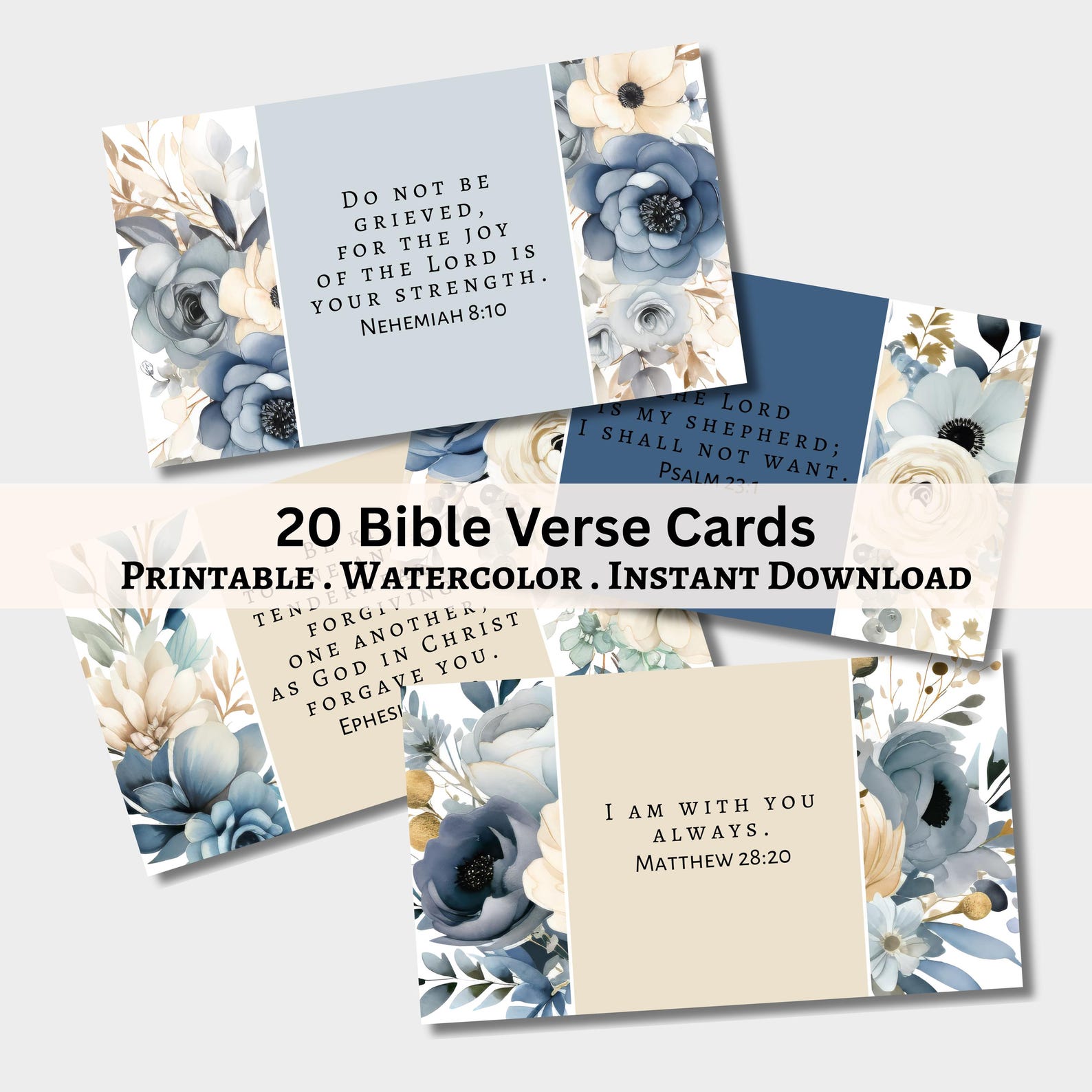 Watercolor Floral Bible Verse Cards: Blue Neutral Encouragement ...