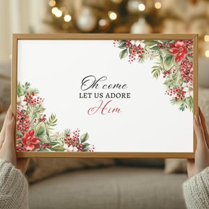 Oh Come Let Us Adore Him Christmas Printable Wall Art Landscape – Festive Holiday Decor with Red and Green Floral Accents, Instant Download