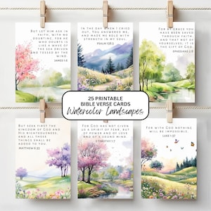 Watercolor Bible Verse Cards: Spring Landscape, Faith & Strength (Printable PDF) Digital Download, Print at Home Nature Designs