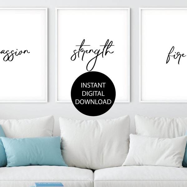 Set of 3 Inspirational Wall Art Print Passion Fire Strength Printable Motivational Quote for Home Office Decor 5x7 8x10 11x14 16x20